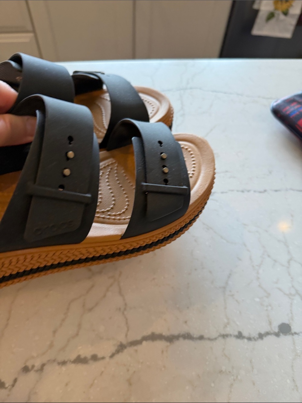 CROCS Women’s Dual-Strap Platform Slides in Black and Tan - Picture 6 of 6